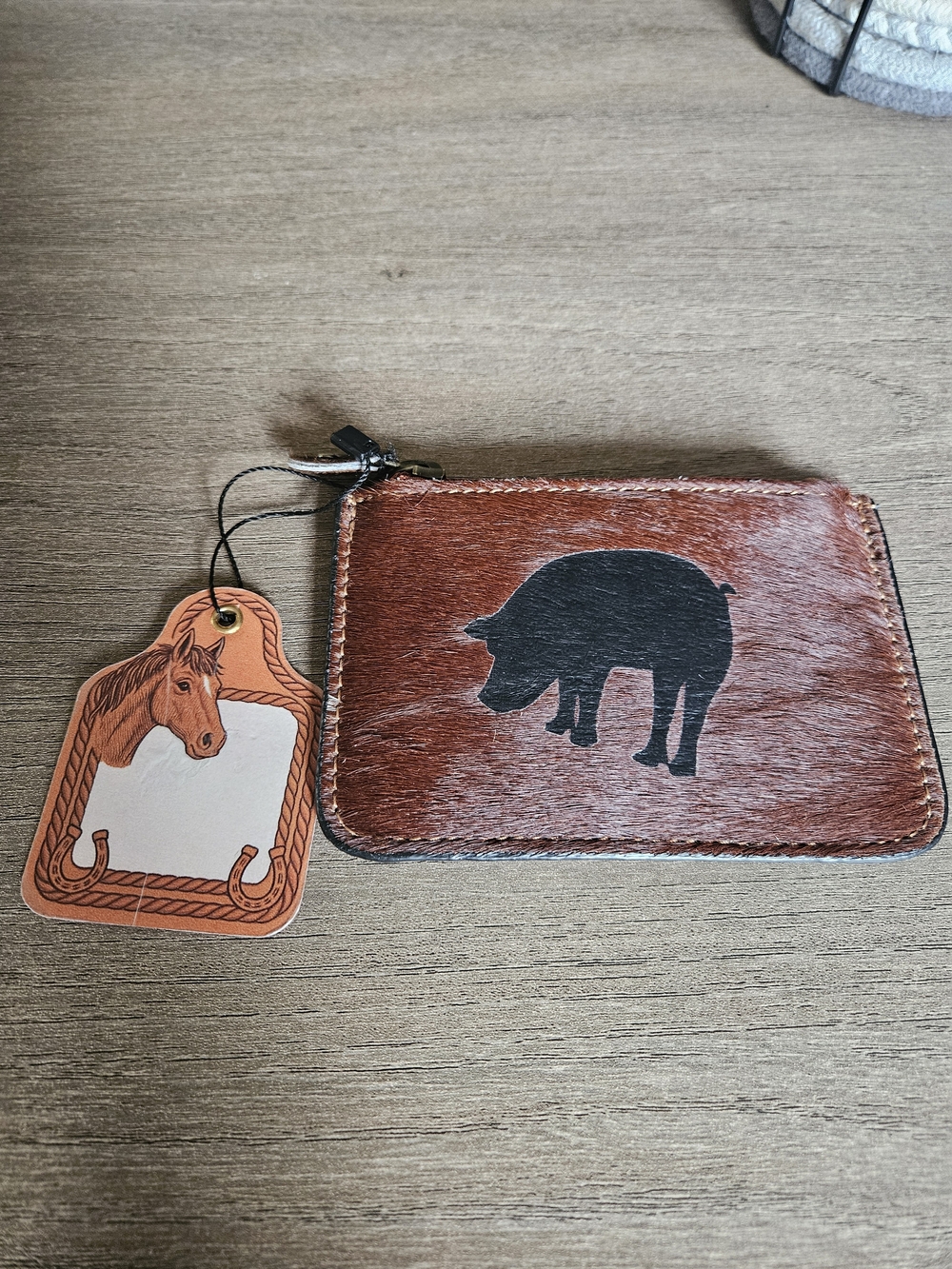 Brown Leather with Cowhide Zip Card Wallet with Black Pig Silhouette-NWT